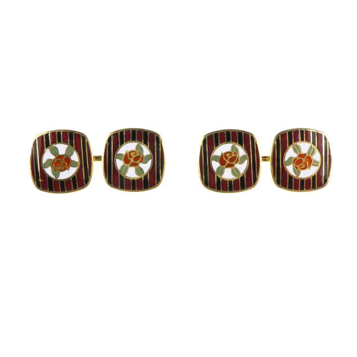 Pair of Art Deco gold and enamel cushion panel cufflinks